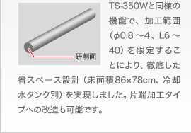 TS-350Wと同様の機能で、加工範囲（φ0.8～4、L6～40）を限定することにより、徹底した省スペース設計（床面積86×78cm、冷却水タンク別）を実現しました。片端加工タイプへの改造も可能です。